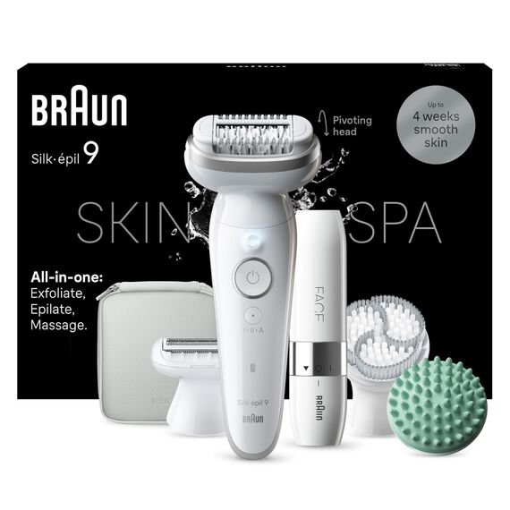 Braun Silk-épil 9 SkinSpa All-in-One Set, Epilierer Damen, Haarentferner für Langanhaltende Haarentfernung, Ladyshaver, Facespa Gesichtshaarentferner, 9-381, Weiß, Silber
