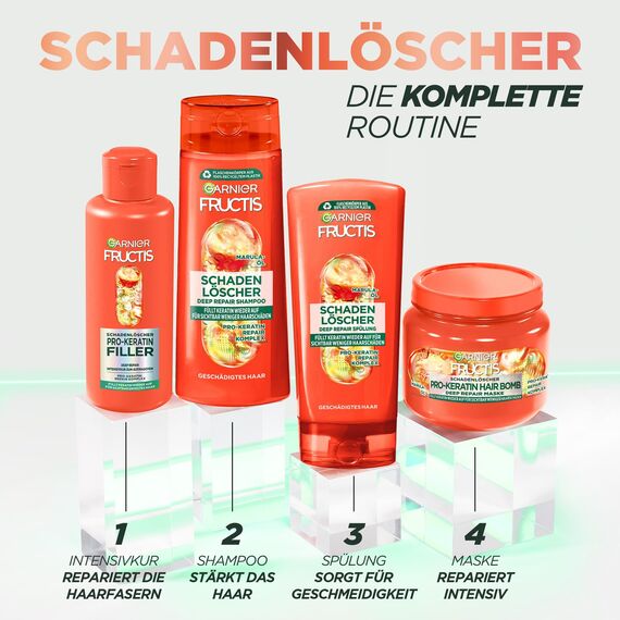 Garnier Fructis Schadenlöscher Haarpflege-Set für geschädigtes Haar, Mit Pro-Keratin & Marulaöl, Shampoo (250 ml), Spülung (200 ml), Deep Repair Haarkur (200 ml), Hair Bomb reparierende Maske (320 ml)