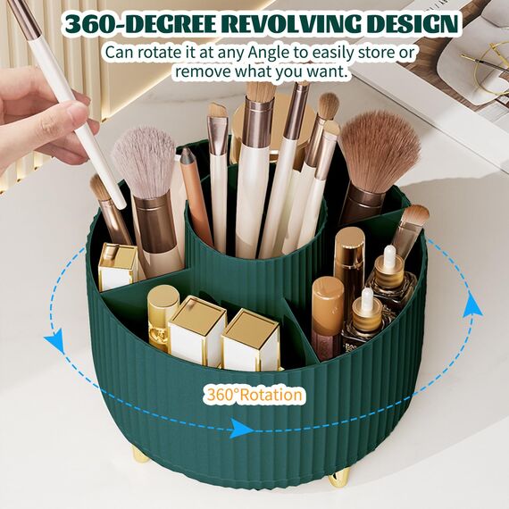 360° Drehbar Make up Organizer, Pinselhalter Kosmetik Aufbewahrung mit 5 Fächern, Aesthetic Schminktisch Organizers für Zimmer Decor Frisiertisch, Schlafzimmer,Badezimmer Organisation (Grün)