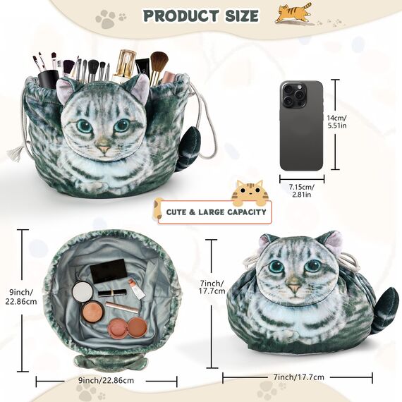 Kosmetiktasche mit Kordelzug für Katzenliebhaber - Flachliegende Reise-Kosmetiktasche für Damen und Mädchen (Graue-001)