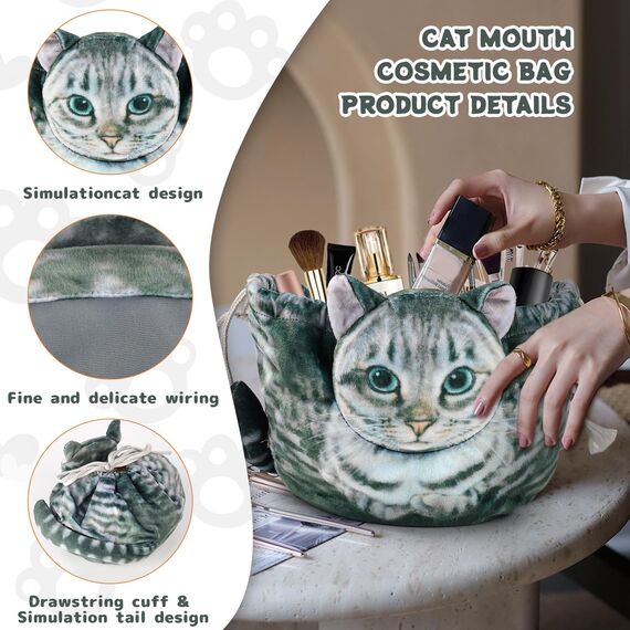 Kosmetiktasche mit Kordelzug für Katzenliebhaber - Flachliegende Reise-Kosmetiktasche für Damen und Mädchen (Graue-001)