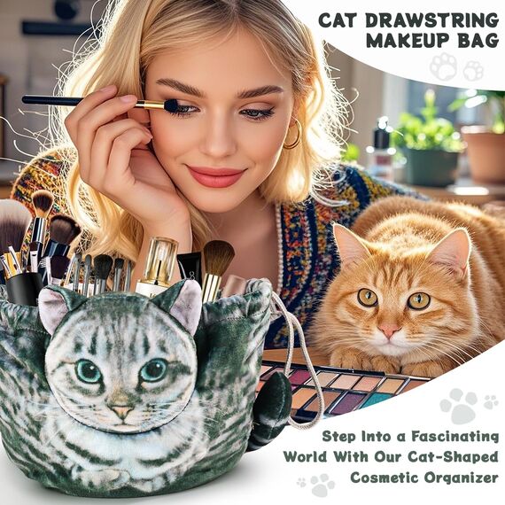 Kosmetiktasche mit Kordelzug für Katzenliebhaber - Flachliegende Reise-Kosmetiktasche für Damen und Mädchen (Graue-001)