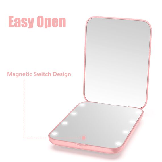 WOBSION LED Spiegel mit 1X / 3X Vergrößerung,Kleiner Reisespiegel mit Licht für Beleuchtung,Batteriebetrieben Taschenspiegel für Reise und Makeup,Tragbarer Handspiegel als Geschenk,Rosengold