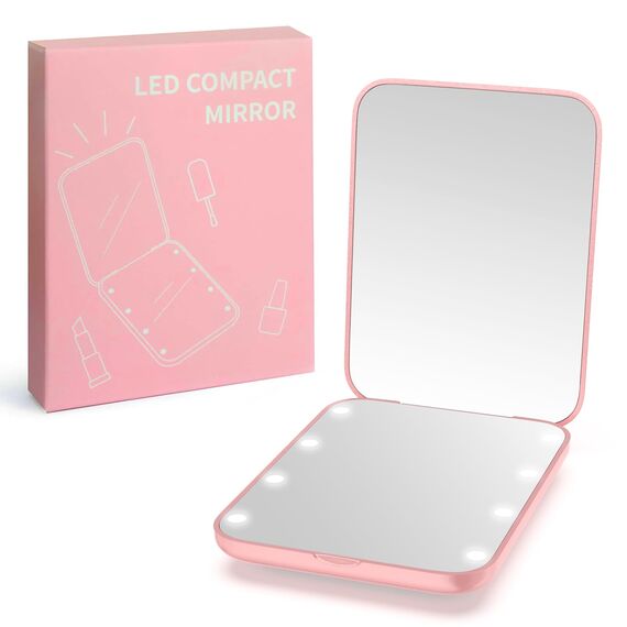 WOBSION LED Spiegel mit 1X / 3X Vergrößerung,Kleiner Reisespiegel mit Licht für Beleuchtung,Batteriebetrieben Taschenspiegel für Reise und Makeup,Tragbarer Handspiegel als Geschenk,Rosengold