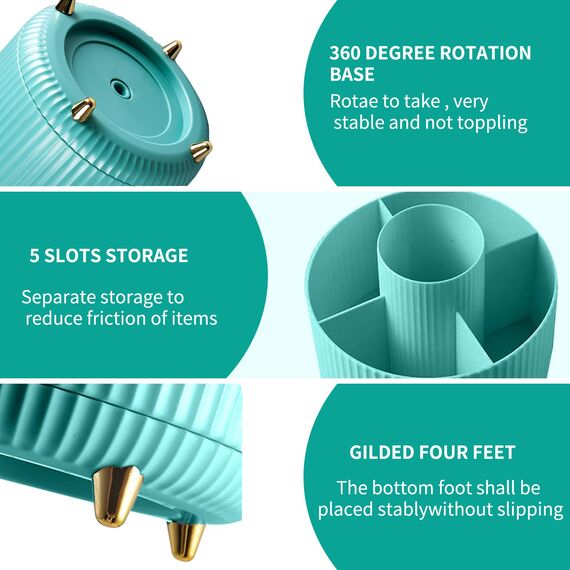 360° Drehbar Make up Organizer, Pinselhalter Kosmetik Aufbewahrung mit 5 Fächern, Aesthetic Schminktisch Organizers für Zimmer Decor Frisiertisch, Schlafzimmer,Badezimmer Organisation (Blau)