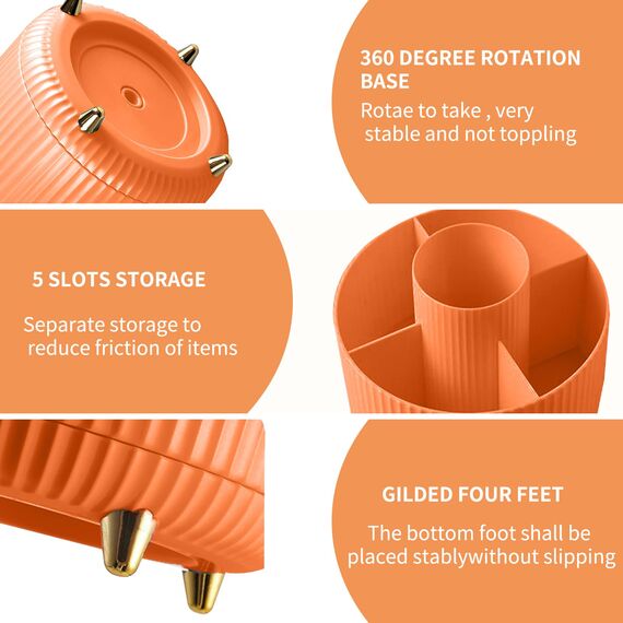 360° Drehbar Make up Organizer, Pinselhalter Kosmetik Aufbewahrung mit 5 Fächern, Aesthetic Schminktisch Organizers für Zimmer Decor Frisiertisch, Schlafzimmer,Badezimmer Organisation (Orange)