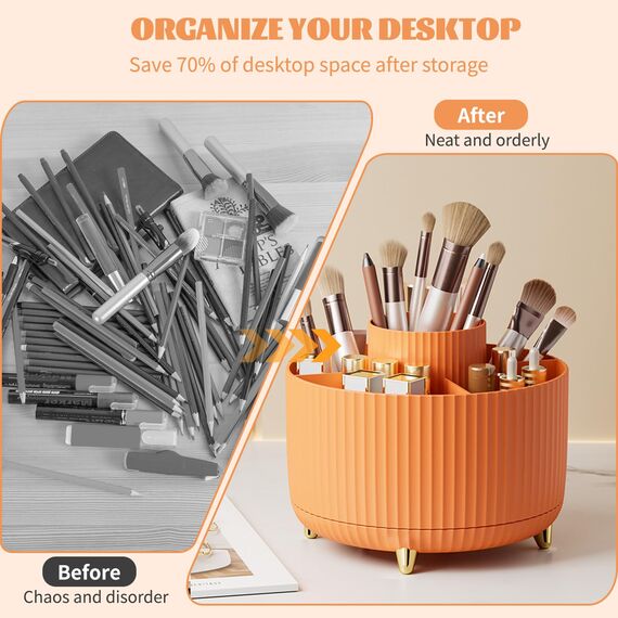 360° Drehbar Make up Organizer, Pinselhalter Kosmetik Aufbewahrung mit 5 Fächern, Aesthetic Schminktisch Organizers für Zimmer Decor Frisiertisch, Schlafzimmer,Badezimmer Organisation (Orange)