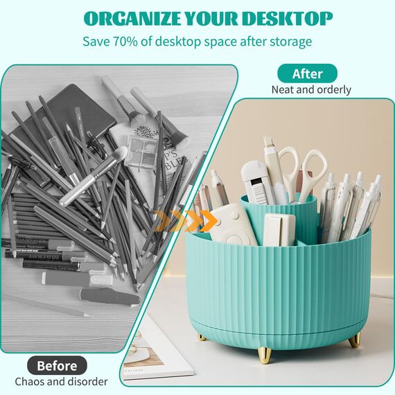 360° Drehbar Make up Organizer, Pinselhalter Kosmetik Aufbewahrung mit 5 Fächern, Aesthetic Schminktisch Organizers für Zimmer Decor Frisiertisch, Schlafzimmer,Badezimmer Organisation (Blau)