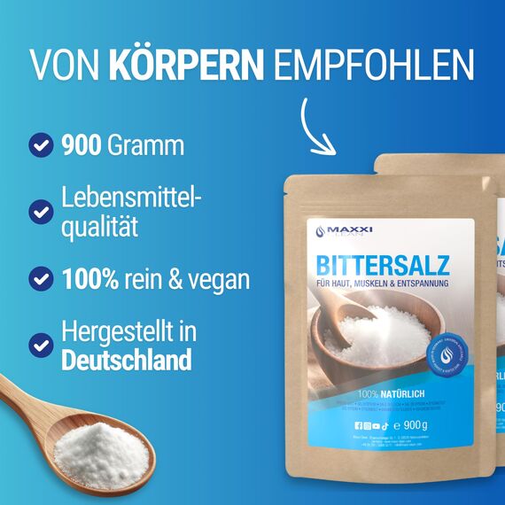 Maxxi Clean | 1x 900 g hochreines Bittersalz | Badesalz für Wellness & Körperpeeling | Epsom Salt Made in Germany | pure Entspannung für Muskeln, Haut und Seele | Magnesium geeignet zur Gartenpflege