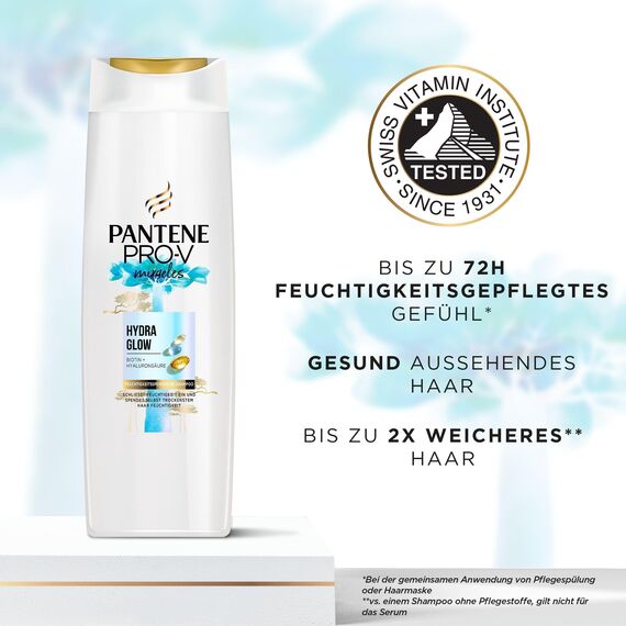 Pantene Pro-V Hydra Glow Feuchtigkeitsspendendes Shampoo mit Biotin 250ml. Pro-V Miracles Shampoo für Trockenes, Geschädigtes Haar, mit Hyaluronsäure, spendet Feuchtigkeit, mit Vitamin B5