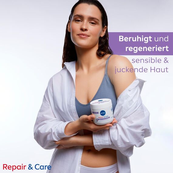 NIVEA Repair & Care Creme parfümfrei (400ml), Feuchtigkeits-Körpercreme, schnell einziehende Lotion mit Glycerin, Provitamin B5 & Ceramiden für trockene, sensible Haut