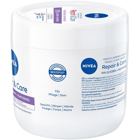 NIVEA Repair & Care Creme parfümfrei (400ml), Feuchtigkeits-Körpercreme, schnell einziehende Lotion mit Glycerin, Provitamin B5 & Ceramiden für trockene, sensible Haut