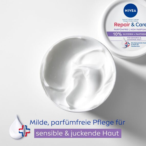 NIVEA Repair & Care Creme parfümfrei (400ml), Feuchtigkeits-Körpercreme, schnell einziehende Lotion mit Glycerin, Provitamin B5 & Ceramiden für trockene, sensible Haut