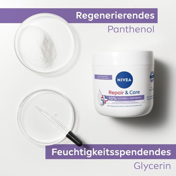 NIVEA Repair & Care Creme parfümfrei (400ml), Feuchtigkeits-Körpercreme, schnell einziehende Lotion mit Glycerin, Provitamin B5 & Ceramiden für trockene, sensible Haut