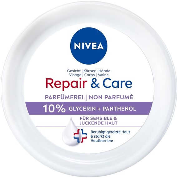 NIVEA Repair & Care Creme parfümfrei (400ml), Feuchtigkeits-Körpercreme, schnell einziehende Lotion mit Glycerin, Provitamin B5 & Ceramiden für trockene, sensible Haut