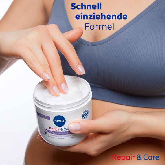 NIVEA Repair & Care Creme parfümfrei (400ml), Feuchtigkeits-Körpercreme, schnell einziehende Lotion mit Glycerin, Provitamin B5 & Ceramiden für trockene, sensible Haut