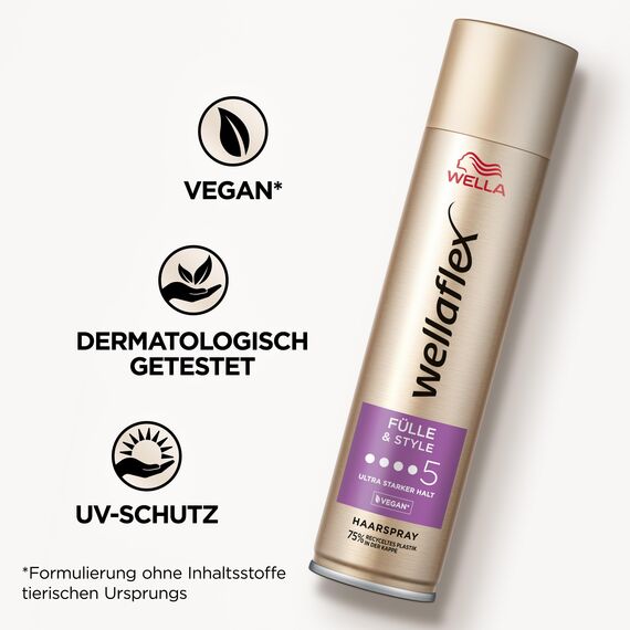 Wellaflex Fülle & Style Haarspray für Frauen | Bis zu 48 Std. ultra starker Halt | Für volles, voluminöses Haar| Sanft zur Kopfhaut, dermatologisch getestet | Vegane Formel | Haltegrad 5 | 250ml