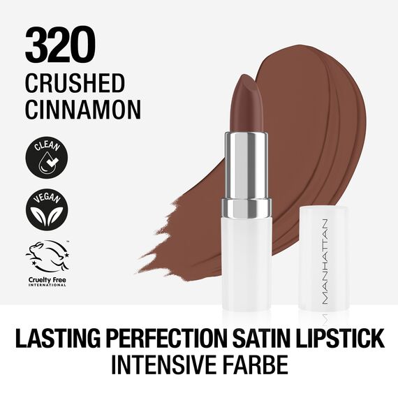 Manhattan Lasting Perfection Satin Lipstick 320 Crushed Cinnamon, Lippenstift für intensive, langanhaltende Farbe und feuchtigkeitsspendende Pflege