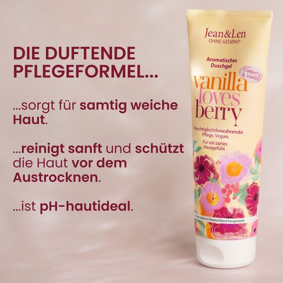 Jean & Len Duschgel Cranberry & Vanille, pH-hautideal, belebendes Duscherlebnis, mit Cranberry- und Vanille-Extrakt, für weiche Haut, veganes Duschgel, ohne Parabene & Silikone, 250 ml