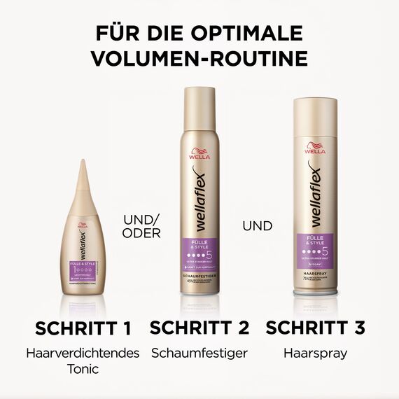 Wellaflex Fülle & Style Haarspray für Frauen | Bis zu 48 Std. ultra starker Halt | Für volles, voluminöses Haar| Sanft zur Kopfhaut, dermatologisch getestet | Vegane Formel | Haltegrad 5 | 250ml