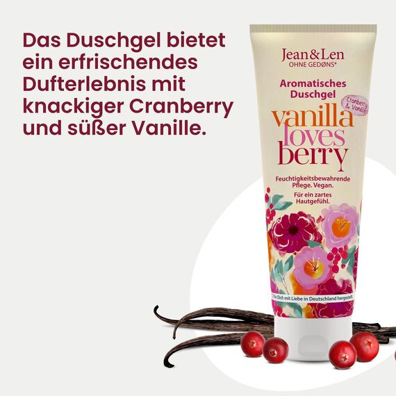 Jean & Len Duschgel Cranberry & Vanille, pH-hautideal, belebendes Duscherlebnis, mit Cranberry- und Vanille-Extrakt, für weiche Haut, veganes Duschgel, ohne Parabene & Silikone, 250 ml