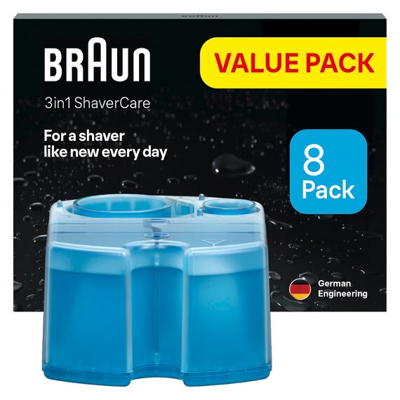 Braun 3-in-1 ShaverCare Reinigungskartuschen für Reinigungsstationen – ORIGINAL Kartuschen – Reinigt Rasierer 10x besser als Wasser, Scherkopfreiniger, Entfernt Haare und Hautpartikel – 8er Pack