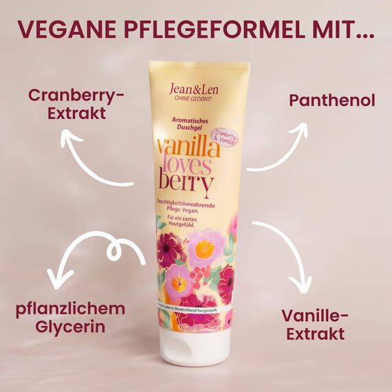 Jean & Len Duschgel Cranberry & Vanille, pH-hautideal, belebendes Duscherlebnis, mit Cranberry- und Vanille-Extrakt, für weiche Haut, veganes Duschgel, ohne Parabene & Silikone, 250 ml