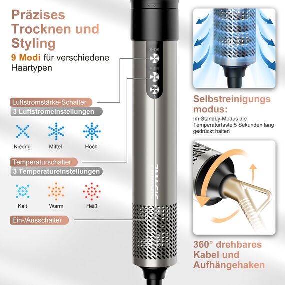 6 in 1 Airstyler, Ionen Föhn, Multifunktionaler Hairstyler, 110000 U/Min, Professioneller Warmluftbürste, Lockenstab Automatisch, Glätteisen, Zum Styling, Volumisieren, Locken und Glätten
