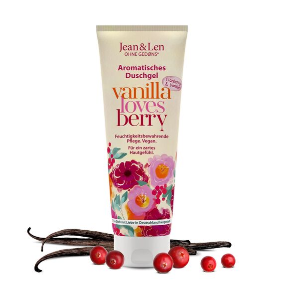 Jean & Len Duschgel Cranberry & Vanille, pH-hautideal, belebendes Duscherlebnis, mit Cranberry- und Vanille-Extrakt, für weiche Haut, veganes Duschgel, ohne Parabene & Silikone, 250 ml