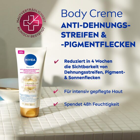 NIVEA LUMINOUS630 Body Creme Anti-Dehnungsstreifen & -Pigmentflecken, Bodylotion gleicht Unterschiede im Hautton aus, leichte Textur und spendet 48h Feuchtigkeit (200 ml)