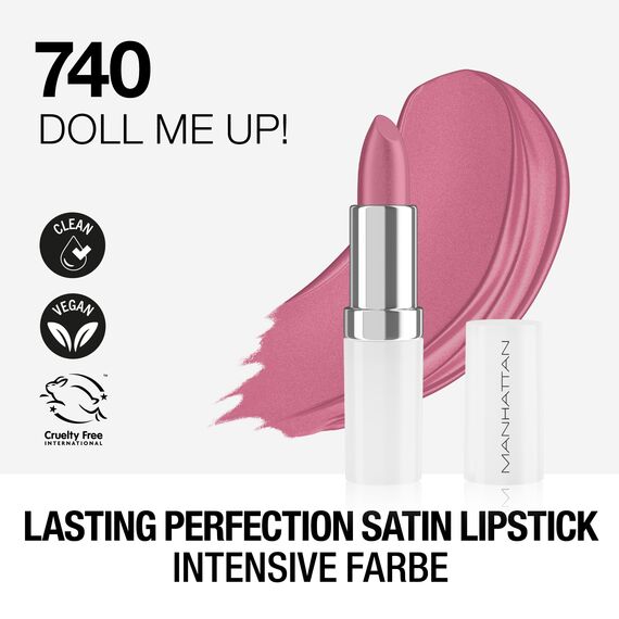 Manhattan Lasting Perfection Satin Lipstick 740 Doll Me Up, Lippenstift für intensive, langanhaltende Farbe und feuchtigkeitsspendende Pflege