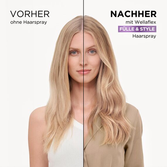 Wellaflex Fülle & Style Haarspray für Frauen | Bis zu 48 Std. ultra starker Halt | Für volles, voluminöses Haar| Sanft zur Kopfhaut, dermatologisch getestet | Vegane Formel | Haltegrad 5 | 250ml