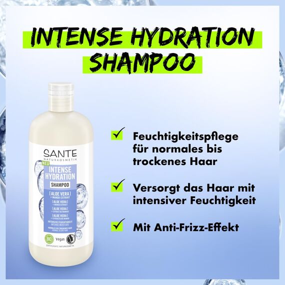 SANTE Naturkosmetik Intense Hydration Shampoo Aloe Vera + Mango-Extrakt, veganes Pflegeshampoo für intensive Feuchtigkeit, stärkt trockenes Haar, 500 ml