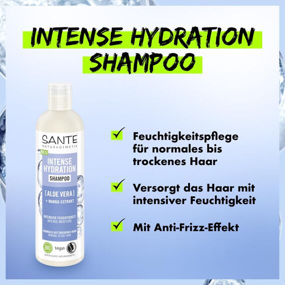 SANTE Naturkosmetik Intense Hydration Shampoo Aloe Vera + Mango-Extrakt, veganes Pflegeshampoo für intensive Feuchtigkeit, stärkt trockenes Haar, 250ml