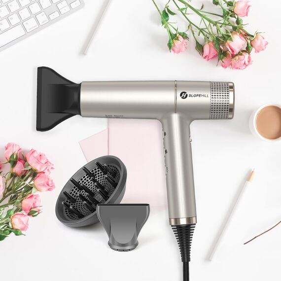 slopehill Haartrockner mit einzigartigem bürstenlosem Motor | Intelligente Fehlerdiagnose | Innovativer Mikrofilter | Oxy Active Technology | LED-Anzeige | 268g Superleicht, 2000W (Champagner Gold)