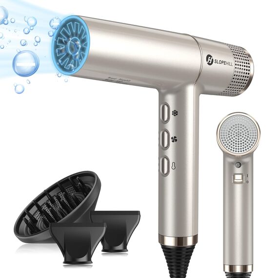 slopehill Haartrockner mit einzigartigem bürstenlosem Motor | Intelligente Fehlerdiagnose | Innovativer Mikrofilter | Oxy Active Technology | LED-Anzeige | 268g Superleicht, 2000W (Champagner Gold)