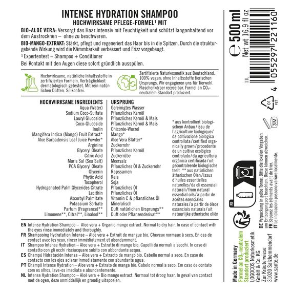 SANTE Naturkosmetik Intense Hydration Shampoo Aloe Vera + Mango-Extrakt, veganes Pflegeshampoo für intensive Feuchtigkeit, stärkt trockenes Haar, 500 ml