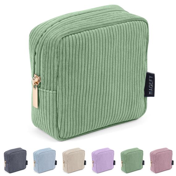 MAGEFY Mini Makeup Tasche Cute Makeup Pouch Kleine Kosmetiktasche für Frauen Mädchen Reise Make up Tasche mit Fächern(Grün)