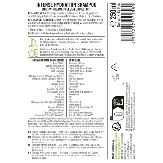 SANTE Naturkosmetik Intense Hydration Shampoo Aloe Vera + Mango-Extrakt, veganes Pflegeshampoo für intensive Feuchtigkeit, stärkt trockenes Haar, 250ml