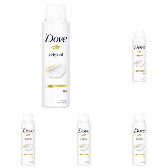 Dove Anti-Transpirant Deo-Spray Original 0% Alkohol Deodorant schützt 48h vor Körpergeruch und Achselnässe 150 ml 1 Stück (Packung mit 5)