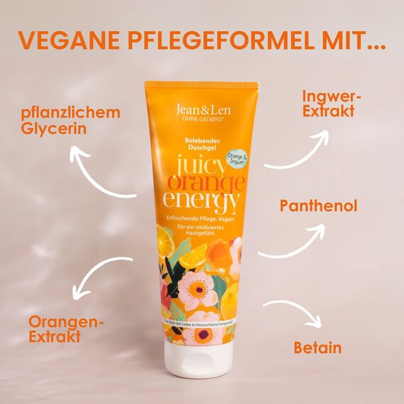Jean & Len Duschgel Orange & Ingwer, pH-hautideal, erfrischendes Duscherlebnis, mit Orangen- und Ingwer-Extrakt, für weiche Haut, veganes Duschgel, ohne Parabene & Silikone, 250 ml