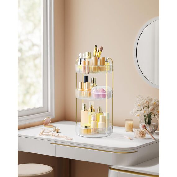 SONGMICS Make-up Organizer drehbar, Kosmetik-Organizer rund, 3 Ebenen, Kosmetik Aufbewahrung, anpassbar, für Schminktisch, Geschenkidee, transparent JKA011W02