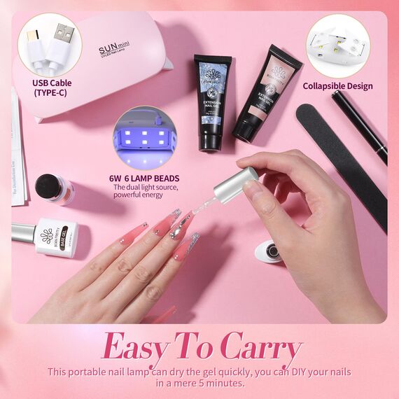 Born Pretty Polygel Starter Set mit UV Lampe, Nagelset Gelnägel Starterset 6 Farben Transparent Weiß Nude Rose Glitzer Polygel Nägel und Slip Solution Base Top Coat Acrylnägel Nagelverlängerung Kit