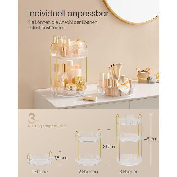 SONGMICS Make-up Organizer drehbar, Kosmetik-Organizer rund, 3 Ebenen, Kosmetik Aufbewahrung, anpassbar, für Schminktisch, Geschenkidee, transparent JKA011W02