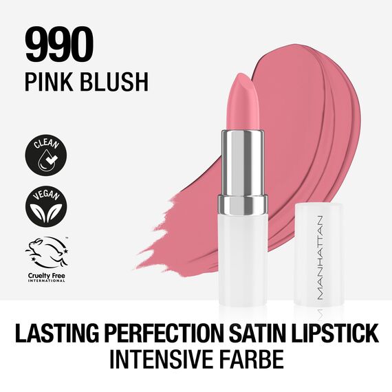 Manhattan Lasting Perfection Satin Lipstick 990 Pink Blush, Lippenstift für intensive, langanhaltende Farbe und feuchtigkeitsspendende Pflege