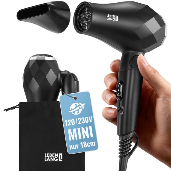 LEBENLANG Reisefön klappbar klein - Duale Spannung & Inkl. Reisetasche mit Stylingdüse I Reise Föhn Fön leise stark I Kleiner mini Haartrockner Hair Dryer Haarföhn Haarfön Reiseföhn Reisehaartrockner