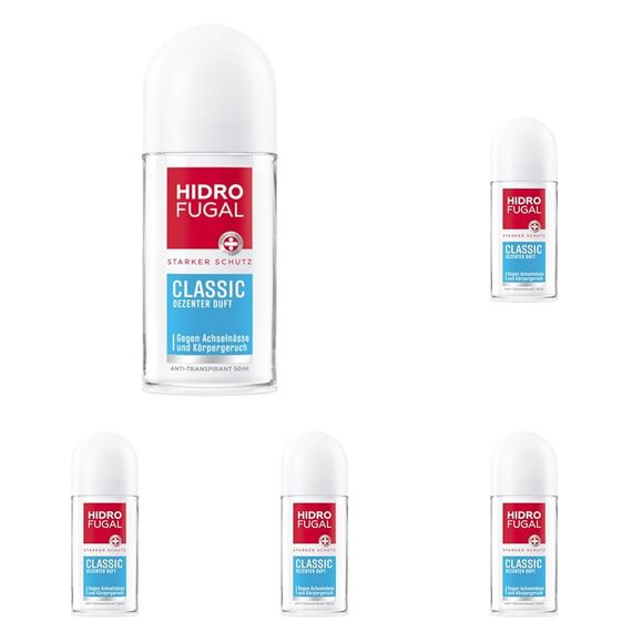 Hidrofugal Classic Roll-on (50 ml), starker Anti-Transpirant Schutz mit dezentem Duft, Deo für zuverlässigen Schutz ohne Ethylalkohol (Packung mit 5)