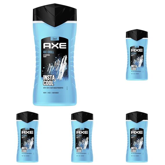 Axe 3-in-1 Duschgel & Shampoo Ice Chill für langanhaltende Frische und Duft nach der Dusche dermatologisch getestet 250 ml (Packung mit 5)