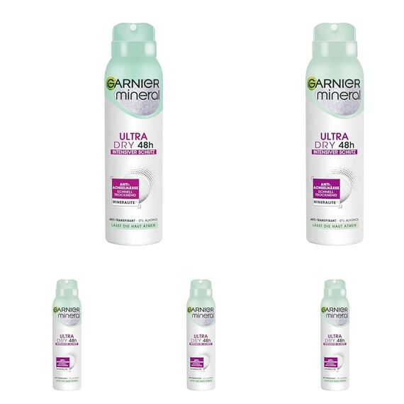 Garnier Deo-Spray, Anti-Transpirant, intensiver Schutz vor Körpergeruch & Achselnässe, bis zu 48 h Wirkung, Mineral UltraDry (Packung mit 5)