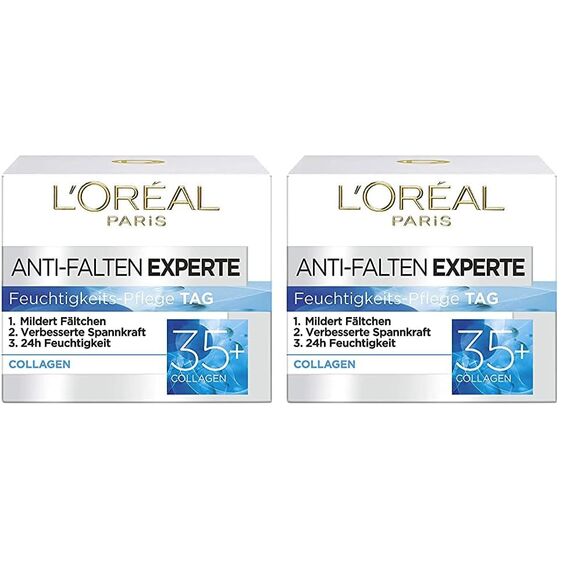 L'Oréal Paris Feuchtigkeitspflege für das Gesicht, Pflegende Anti-Aging Creme mit Kollagen Biosphären, Mildert Fältchen und spendet 24H Feuchtigkeit, Anti-Falten Experte 35+, 1 x 50ml (Packung mit 2)